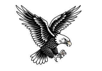 Fototapeta premium Black and White Illustration of an Eagle with Spread Wings in Dynamic Pose