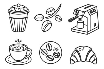 Collection of hand drawn coffee icons including a takeaway cup coffee beans espresso machine coffee cup and croissant