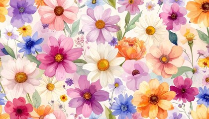 Seamless watercolor floral background featuring daisies, lilies, cosmos, and wildflowers in subtle pastel colors.