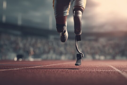 A runner with prosthetic legs sprints on a track, showcasing determination and athletic achievement in a stadium setting