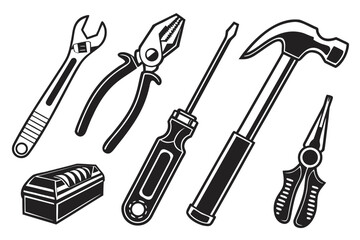 Collection of hand tools and toolbox in black and white vector style