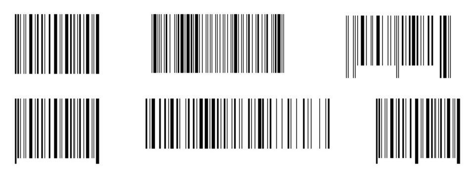 Set of empty barcode label templates without numbers isolated on white background. Bar code pictograms. Mockups of visual data digital representation with product information. Vector illustration
