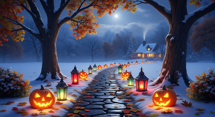 Magical halloween night with glowing pumpkins and lanterns leading to a house