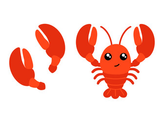 Cute lobster illustration. Cartoon red lobster with claws vector for seafood, marine life, ocean animals, kids design, education, restaurant menu, aquarium, mascot, and summer beach projects.