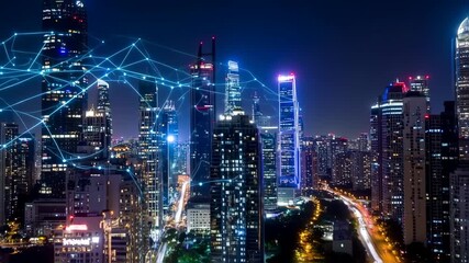 Cityscape at night with interconnected network overlay - Powered by Adobe