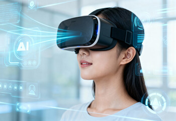 Young Asian woman using virtual reality headset with AI interface in futuristic digital environment for immersive technology experience and innovation