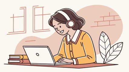 Woman using laptop for online education studying from home with headphones vector art
