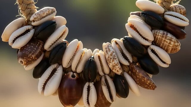 Close-up view of a colorful shell necklace hanging on a string in natural outdoor setting