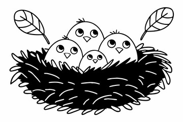 Cute Baby Birds in a Nest Black and White Line Art Illustration