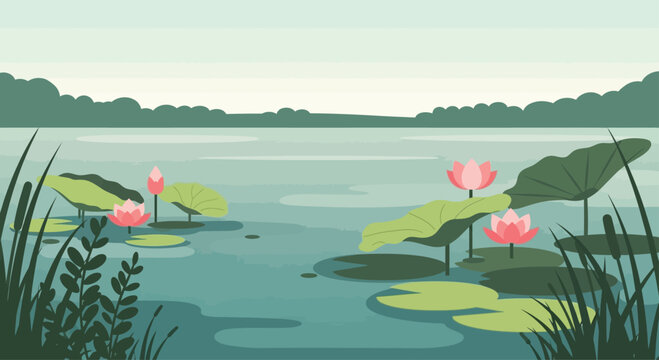 Serene lake scene with pink water lilies, green lily pads, and reeds under a calm sky, depicting a peaceful natural environment.