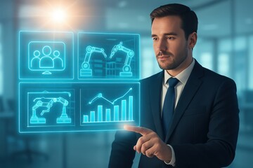 Businessman interacting with futuristic holographic data displays