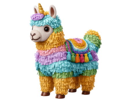 Fun and cute llama unicorn pinata toy, colorful decoration for birthday party game. This vibrant mythical creature brings happy and festive feeling