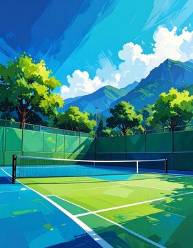 Vibrant illustration of a tennis court, surrounded by lush greenery and a backdrop of mountains under a brilliant summer sky.