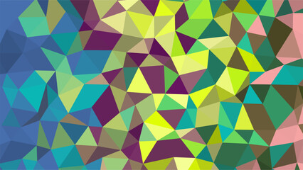 Vibrant low poly geometric pattern with a diverse color palette including blue, green, and purple
