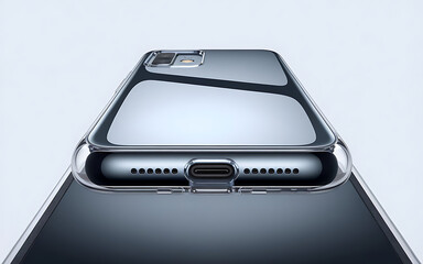 The photograph features a sleek, metallic smartphone case with a glossy, reflective surface, rounded edges, and beveled corners. It features a transparent border, textured edges, and a white backgroun