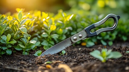 Obraz premium Gardening scissors in soil with sunlight Spring growth, and garden tools.