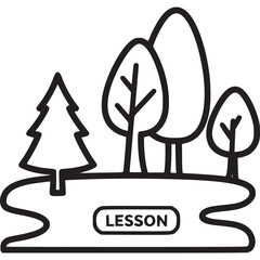 Illustration of a nature scene with trees and a pond labeled lesson, isolated on white background represents environmental education or outdoor learning