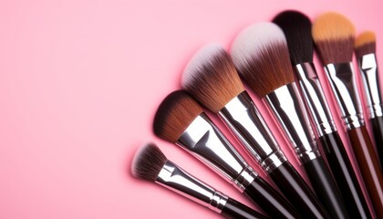 Cosmetic brushes, everyday makeup tools on pink background, closeup