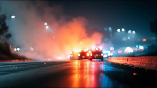 Video of police cars with flashing strobes on a a car crash site on a highway