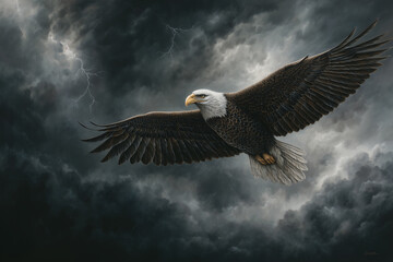 Fototapeta premium Striking illustration of an eagle flying during a lightning storm