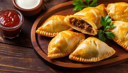 Latin American baked beef empanadas with sauce