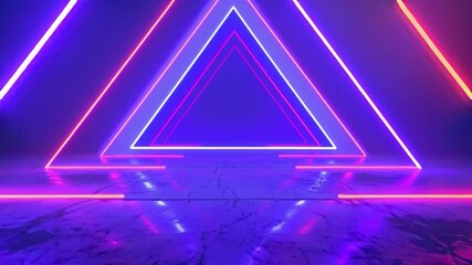 Neon abstract tunnel with glowing triangular shapes in ultraviolet hues, mirrored floor reflections, perfect for music visuals, VJ loops, and futuristic design concepts. - Powered by Adobe