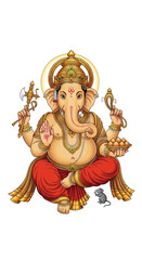 PNG cut out isolated background. A vibrant, traditional-style illustration of the Hindu deity Lord Ganesha in a joyful dancing pose. The four-armed god is accompanied by his mouse vahana. 