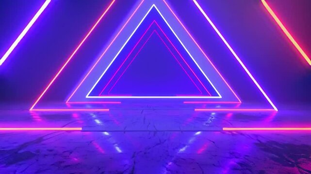 Neon abstract tunnel with glowing triangular shapes in ultraviolet hues, mirrored floor reflections, perfect for music visuals, VJ loops, and futuristic design concepts.