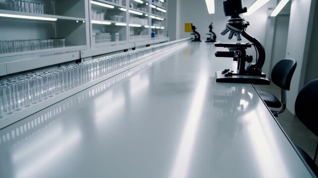 This video showcases a modern laboratory with a long, clean workspace, microscopes, rows of glass test tubes, and organized shelves, representing scientific research, innovation, and advanced medical 