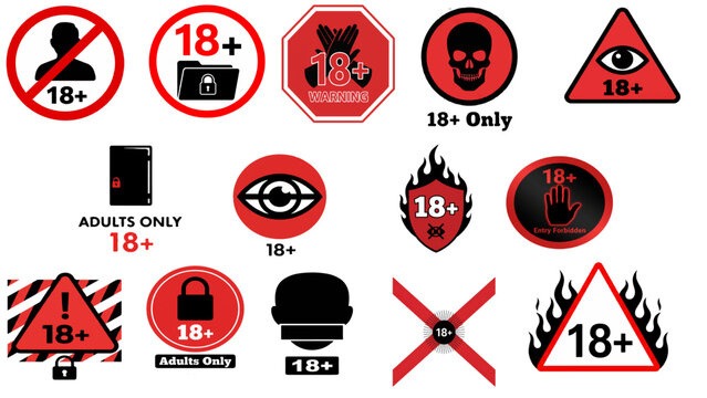 Vector Icons of 18+ Warning Signs Featuring Adults Only, Restricted Content, Censorship Symbols, and Under 18 Forbidden Designs in Red and Black Silhouette Style.