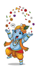 Fototapeta premium PNG cut out isolated background. A cute and joyful cartoon illustration of the Hindu deity Bal Ganesha (baby Ganesha) dancing and celebrating.
