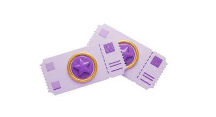 Two purple tickets with gold star isolated on transparent background