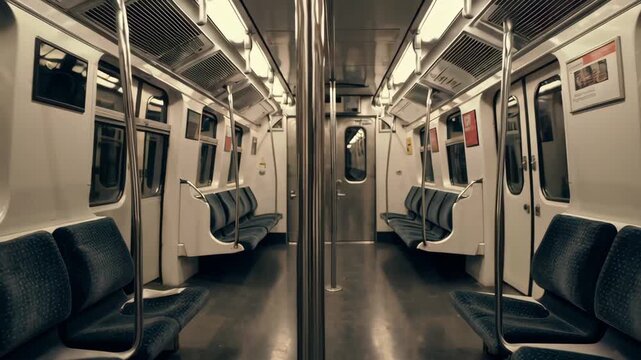 This video captures an empty subway train carriage with clean seats and bright lighting, reflecting the quiet urban atmosphere, public transportation, and daily city life in motion.