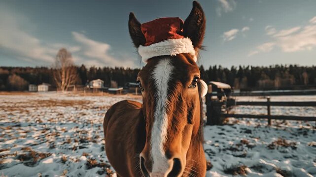 A horse wearing a red Santa hat stands on a snowy field with a rural landscape in winter.