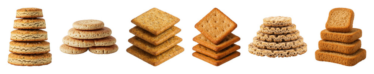 Fototapeta premium Assortment of baked goods set including savory biscuits, various crackers, crispbread, and rusks isolated. Snack and breakfast food collection.