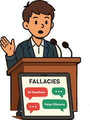 Teen attending an AI-moderated debate tablet highlights logical fallacies in real time illustration