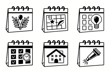 Collection of Illustrated Calendar Icons with Symbols.