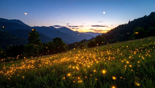 Firefly meadow at twilight in the mountains
