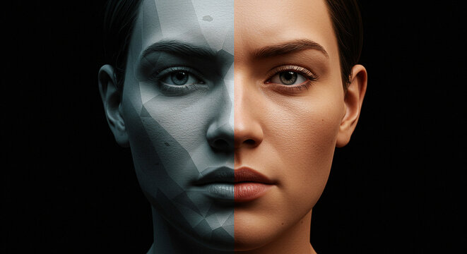Woman's face split between human features and robotic design