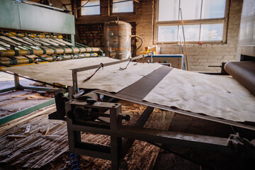 Wood veneer sheets moving through a roller conveyor system in a plywood or veneer manufacturing facility with natural light entering through windows.