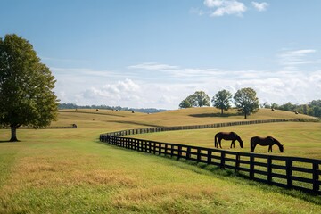 sunny day in the lush green pastures of an outdoor horse farm with a black wood fence and rolling hills