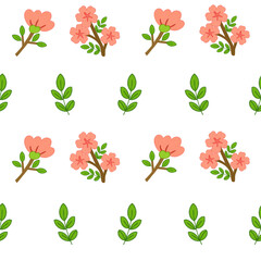 Seamless sakura flower background illustration in pastel tones. Cute pink blossoms and green leaves drawn in digital colored pencils, ideal for spring, wedding, or Japanese design projects.