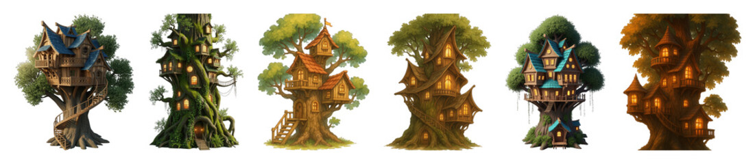 Fantasy tree house set including whimsical, magical, and enchanted homes isolated. Fairytale digital art collection.