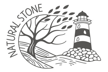 Natural Stone Lighthouse Tree Logo Design.