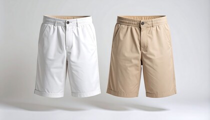 Two pairs of men's casual chino shorts, one white and one khaki, floating against a light background.
