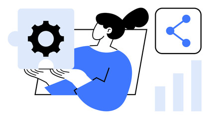 Woman holding gear puzzle piece, chart bar, and share icon nearby. Ideal for teamwork, innovation, problem-solving, project management, data analysis, education simple landing page