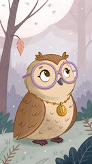 Adorable owl with glasses and necklace standing in a whimsical forest illustration for children