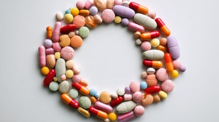 Obraz premium Mixed pills and capsules forming a circular arrangement on a white background, representing diversity in medicine and pharmaceutical solutions