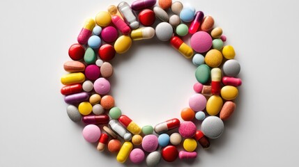 Obraz premium Mixed pills and capsules forming a circular arrangement on a white background, representing diversity in medicine and pharmaceutical solutions