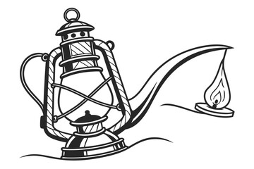 Vintage Oil Lamp with Flame Illustration.